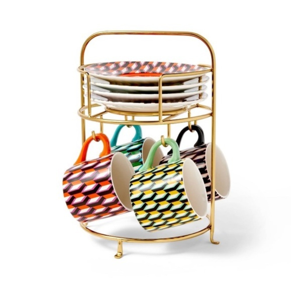 Arrow Geo mug drinkware set with saucers and stand